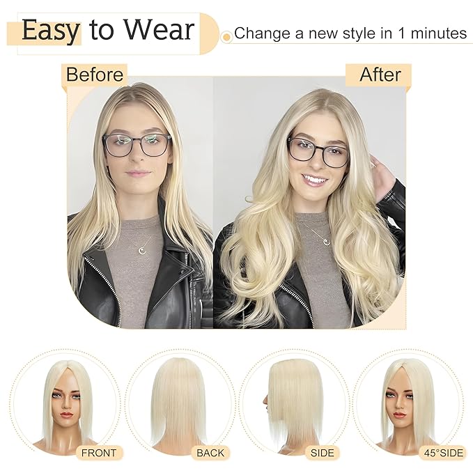 SEGO Human Hair Toppers for Women With Thinning-Hair, 7 * 13CM Silk Base 100% Real Human-Hair Clip in Top Wiglet Hair-Pieces //6 Inch No Bangs Platinum Blonde