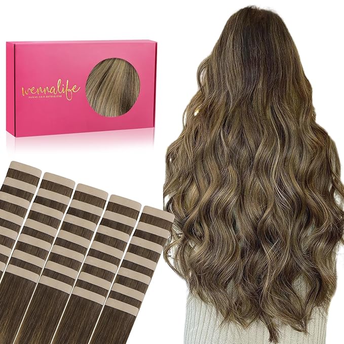 WENNALIFE Tape in Hair Extensions Human Hair, 40pcs 100g 16 inch Balayage Chocolate Brown to Caramel Blonde Hair Extensions Real Human Hair Straight Tape in Extensions Reusable Real Hair Extensions