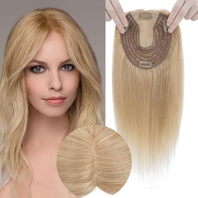 Hair Toppers for Women Real Human Hair No Bangs, 13 * 15 cm Larger Silk Base 150% Density Clip In Topper Hairpieces, Wiglet Top Pieces Add Volume -14 Inch 27 Dark Blonde