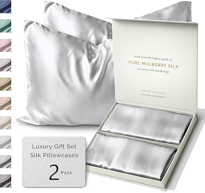 Colorado Home Co 100% Mulberry Silk Pillowcase Set of 2, King Size, Silver Grey, 22 Momme 6A Silk, Zipper Closure