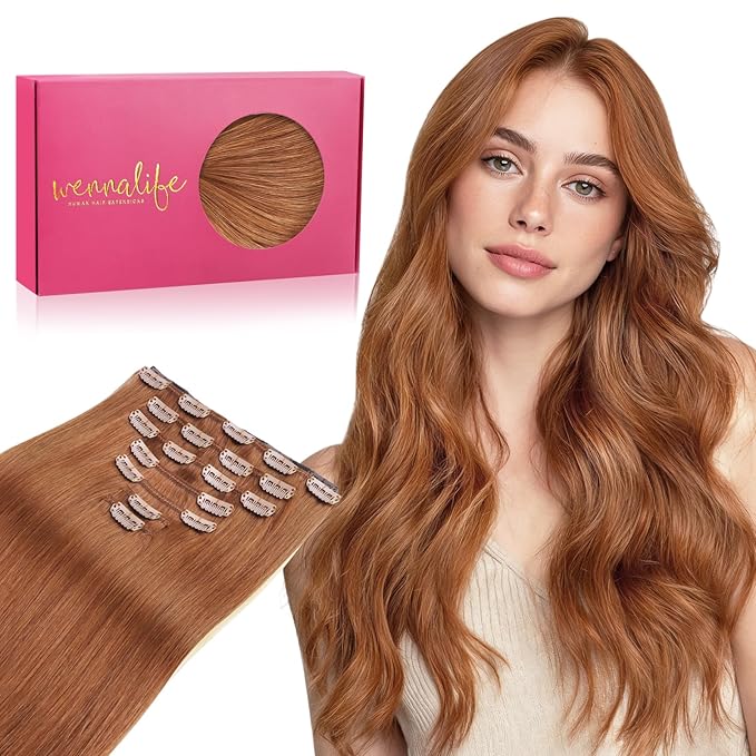 WENNALIFE Clip in Hair Extensions Real Human Hair, 14 Inch 120g 7pcs Cinnamon Terra Copper Remy Hair Natural Double Weft