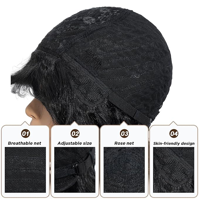 NOBLE Black Bob Curly Wavy Wig with Bangs for Women, Natural, Heat Resistant Synthetic Fiber Wig for Daily Party Cosplay Costume