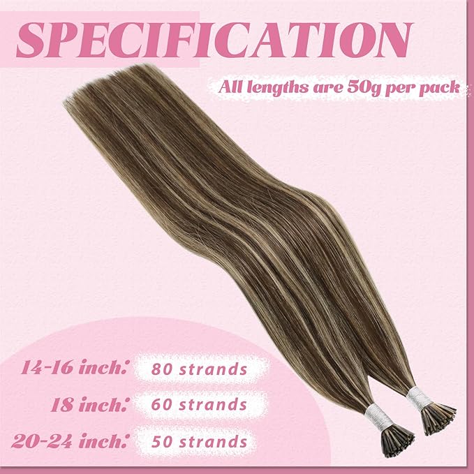 YoungSee I Tip Hair Extensions Highlight I Tips Hair Extensions Real Human Hair Dark Brown Highlights Blonde Tip Hair Extension for Women 16 Inch 50g 80s