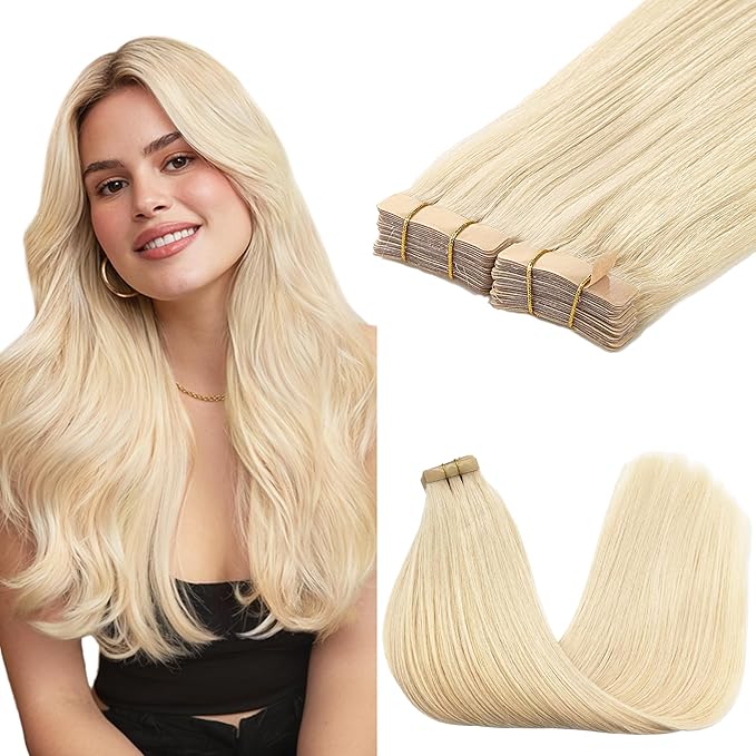GOO GOO Tape in Hair Extensions Human Hair, 613R Bleach Blonde, 26inch 120g 40pcs, Skin Weft Seamless Invisible, Silky Straight with Thick Ends, Remy Human Hair