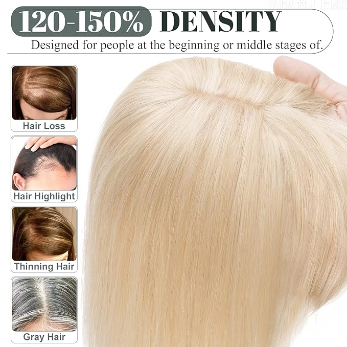 SEGO Hair Toppers for Women Real Human Hair with Thinning Hair, Toppers Hair Pieces Clip in Toppers Straight Hair Pieces with Front Bangs -12 Inch #18/613 Ash Blonde Mix Bleach Blonde