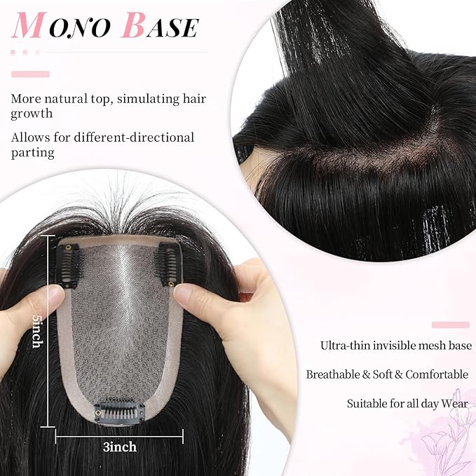 Fine Plus 16Inch Hair Toppers for Women Real Human Hair – Mono Base 3"x5", Natural Black Virgin Quality, for Thinning Crown & Wide Parting, Lightweight & Breathable, Add Volume Can Be Curled