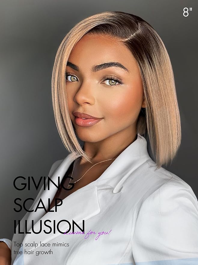LUVME HAIR 8 Inch Ash Blonde Blunt Cut Bob Wig Human Hair Pre Cut Glueless HD Lace Closure Wig Mature Boss Side Parted Ombre Straight Short Wig