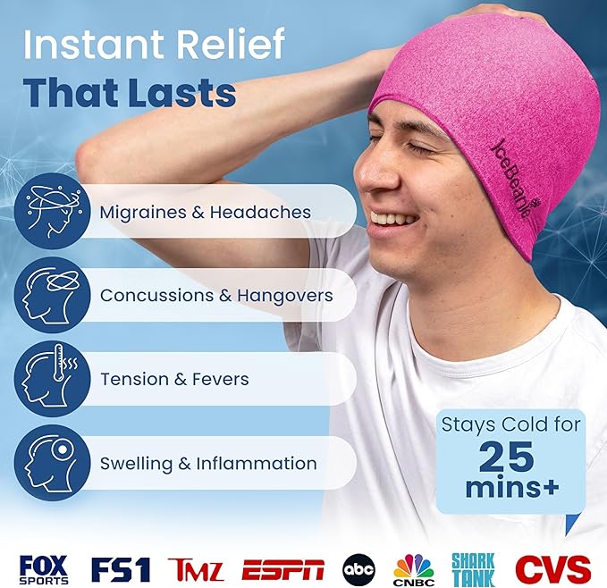IceBeanie Migraine Relief Cap, As Seen on Shark Tank, Soft & Stretchy Gel Tension Headache Relief Cap, Extended Cooling Hangover Ice Hat, Odorless Head Wrap Ice Pack Wrap, Headache Migraine Mask