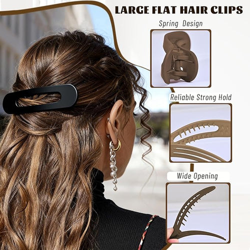 4 Pcs Flat Hair Clips for Women - Large Matte Flat Claw Clips for Thin Hair, Stylish Hair Accessories for Daily Styling, Matte Series (Deep Red, Black, Coffee, Dark Brown)