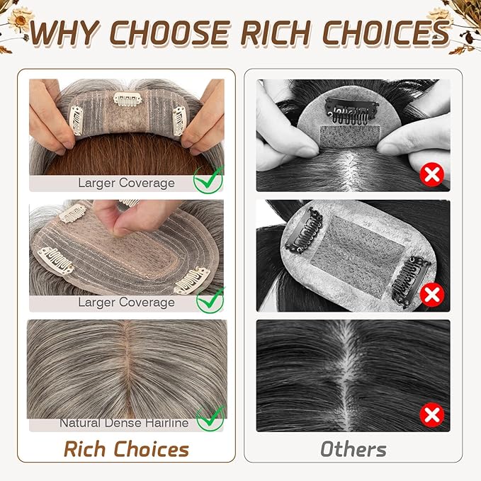 Rich Choices Hair Toppers for Women Real Human Hair 100% Human Remy Toppers NO Bangs for Women with Thinning on Top Clip in Hairpiece 4"x4.7"Lace Base 14 Inch Salt and Pepper G2 Sliver
