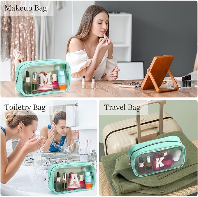 YOOLIFE Initial Make Up Bag Travel Toiletry Bag, Clear Makeup Bag Preppy Cosmetic Bags Organizer Travel Essentials Gifts for Women Teen Girlfriend Teacher Mom Birthday Mothers Day Gifts Blue L