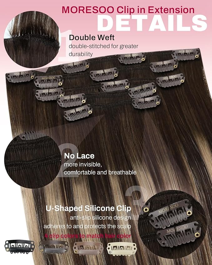 Moresoo Clip in Hair Extensions Real Human Hair Balayage Dark Brown with Caramel Blonde 5pcs 80g Remy Straight Invisible Lace Double Weft Ombre Human Hair Clip in Extensions 16inch
