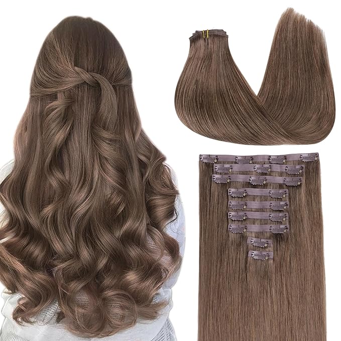 GOO GOO Clip in Hair Extensions Real Human Hair, Remy Human Hair Extensions Clip ins for Women, Natural Human Hair, 14inch 130g 9Pcs, 5 Light Ash Brown
