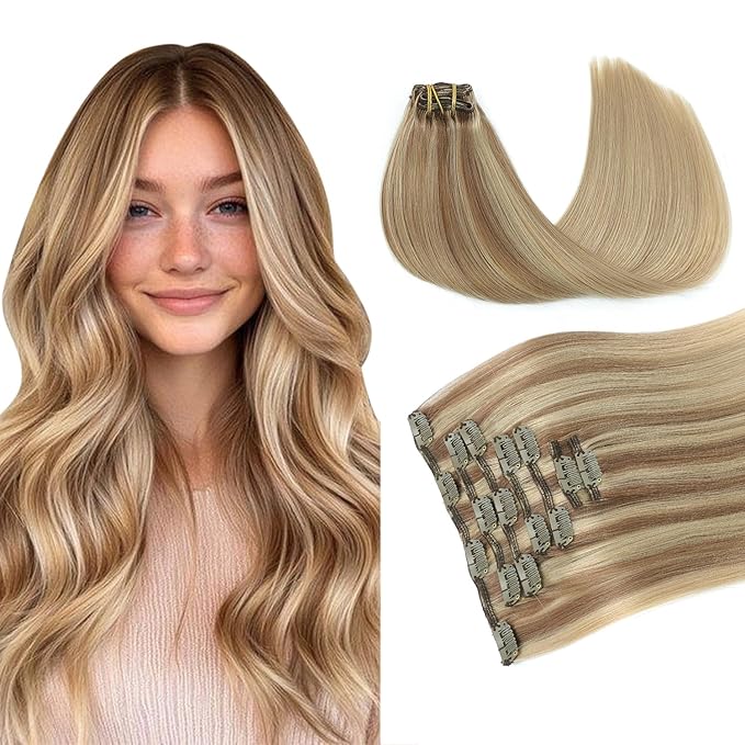 PINKPEARL Clip in Hair Extensions Real Human Hair #10/16/16 Golden Brown to Caramel Blonde Human Hair Clip in Hair Extensions 7pcs 120g 14inch Human Hair Extensios Clip ins(#10/16/16-14)