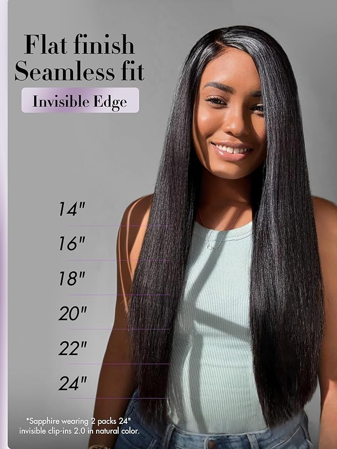 LUVME Invisible Clip in Hair Extensions, Yaki Straight Real Human Hair 24 Inch 2 Pack 220g 12pcs Clip ins Hair Extensions Natural Black for Women