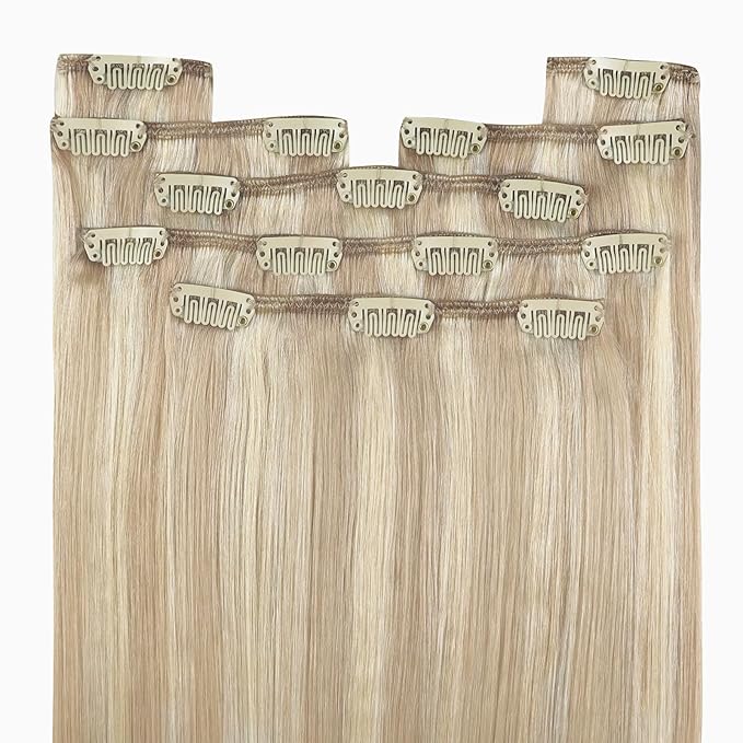 YoungSee Clip in Human Hair Extension Highlight Blonde Clip in Hair Extension Ash Blonde Highlights Bleach Blond Real Human Hair Extensions Clip ins Soft Remy Hair 120G 16In 7Pcs
