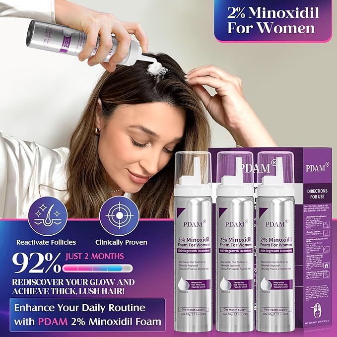 Minoxidil for Women Foam Hair Growth - Minoxidil Hair Regrowth Treatment for Women, Topical Solution Hair Loss Treatments, Thicker and Fuller Hair, 3-Month Supply, 3 x 2.11 oz