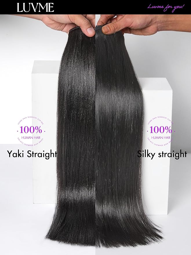 LUVME Yaki Straight Seamless 2 Pack 220g 14Pcs Clip in Hair Extensions Full Max with 20inch Remy Human Hair Extensions, Natural Black 100% Real Soft Hair