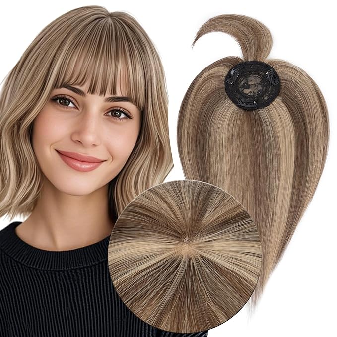 MY-LADY Human Hair Toppers for Women Real Human Hair with Bangs Thin 8.5 * 8.5CM Mono Base Clip in Remy Hairpieces Light Weight 14 Inch Medium Brown Mixed Dark Blonde