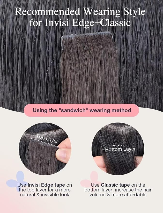 DOORES Invisi Edge Hair Extensions Tape in, Natural Black to Light Blonde 20 Injection Tape-ins with 20 Classic Tape-ins 100g 18 Inch, Injection Tape in Extensions Virgin Hair