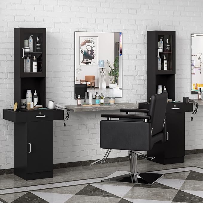 Salon Station for Hair Stylist,Hair Styling Organizer Equipment with Glass Door,6 Tool Dryer Holders, 2 Storage Cabinet ，Beauty Spa Barber Equipment, Black