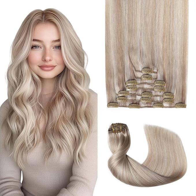 Pro2.0 Clip in Hair Extensions Real Human Hair 22inch 7pcs #18p1000 Ash Blonde with Bleach Blonde Real Hair Extensions Clip in Human Hair 120g Double Weft（#18P1000-22inch）