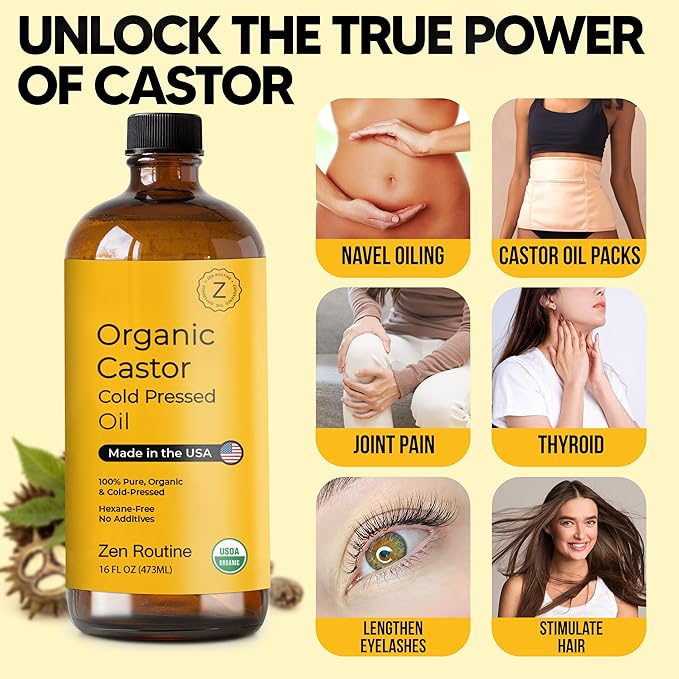Zen Routine Organic Castor Oil (BIG Glass Bottle - 32oz) Hexane Free – Hair Growth Oil, Eye Lashes & Stomach – Pure 100% Cold Pressed Unrefined Oil for Castor Pack – USDA Certified, Made in the USA