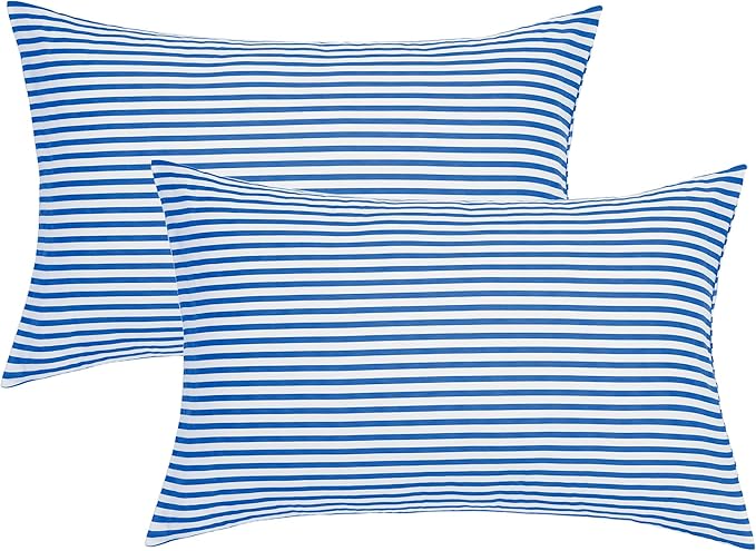 JELLYMONI 100% Natural Cotton Striped Standard Pillowcases Set, 2 Pack White and Blue Stripes Pattern Printed Pillow Covers with Envelope Closure(Pillows are not Included)