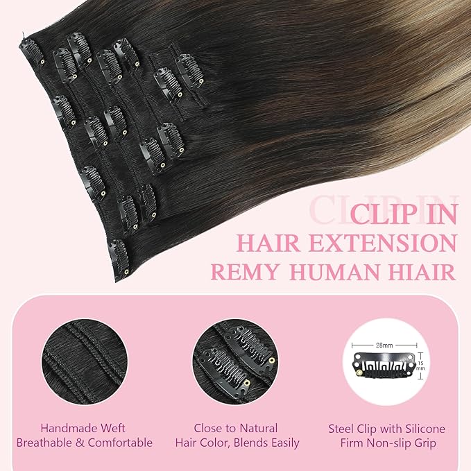 PINKPEARL Clip in Hair Extensions Real Human Hair #1B/4/27 Balayage Natural Black to Chocolate Brown and Caramel Blonde Clip in Hair 7pcs 120g 14inch Human Hair Extensios Clip ins(#1B/4/27-14)