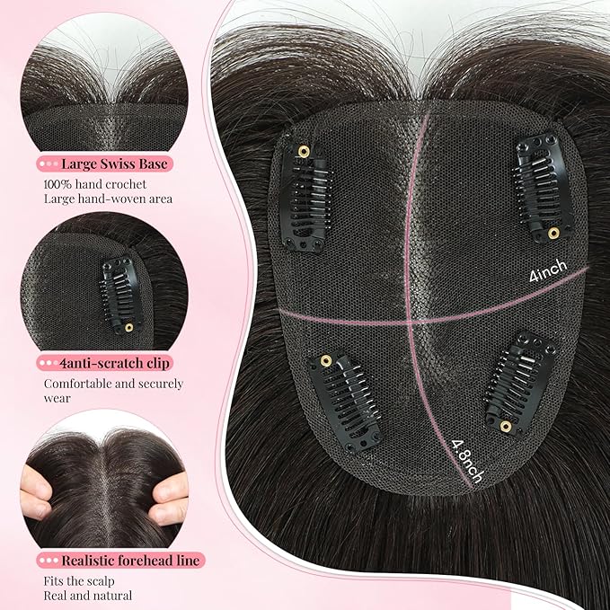 Hair Toppers for Women Real Human Hair Topper for Women with Thinning Hair 12inch 4x4.8 Large Swiss Base Hairpieces (Dark Brown)