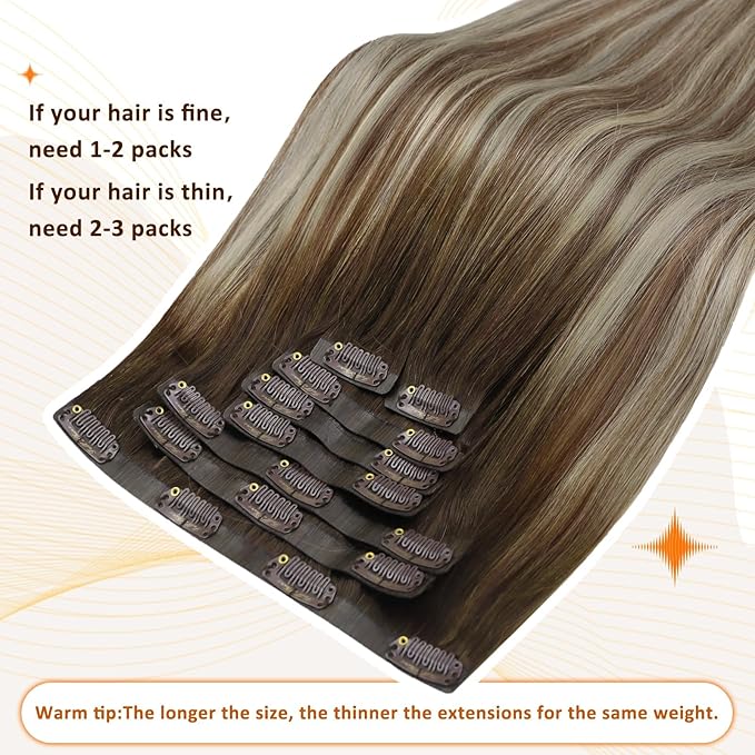 Full Shine Seamless Clip in Hair Extensions Brown Ombre Light Brown Mix Light Blonde Straight Natural Human Hair Extension for Women 20 Inch 8 PCS 120 G