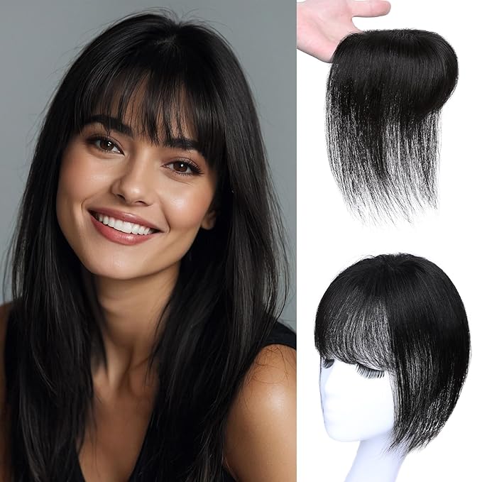 Hair Toppers for Women Real Human Hair 3D Bangs Clip 100% Human Toppers for Women 10 Inch Clip in Bangs Hairpieces(Natural Black)