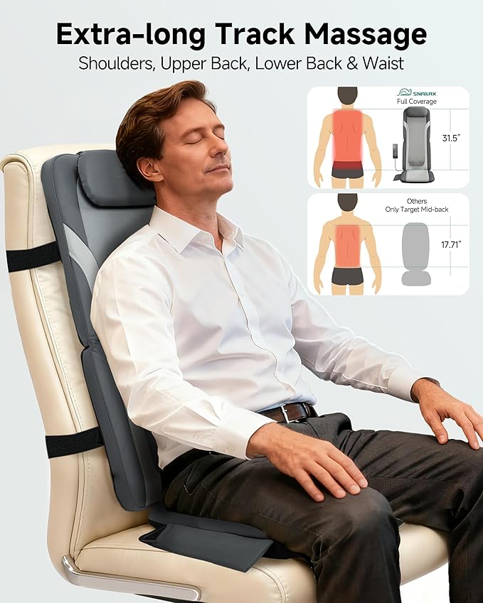 Snailax Back Massager for Full Back Pain Relief Deep Tissue, Long Track Dual 3D Shiatsu Rollers 3 Height Settings Foldable Massage Chair Pad with Heat, Vibration Heated Seat Cushion, Gifts for Mom Dad