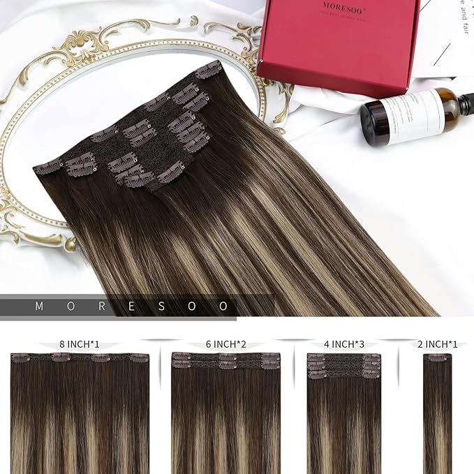Moresoo Clip in Hair Extensions Remy Double Weft Human Hair Clip in Extensions Balayage Straight Hair Extensions for Women Ombre Dark Brown Mixed with Caramel Blonde 7pcs 120g 22inch