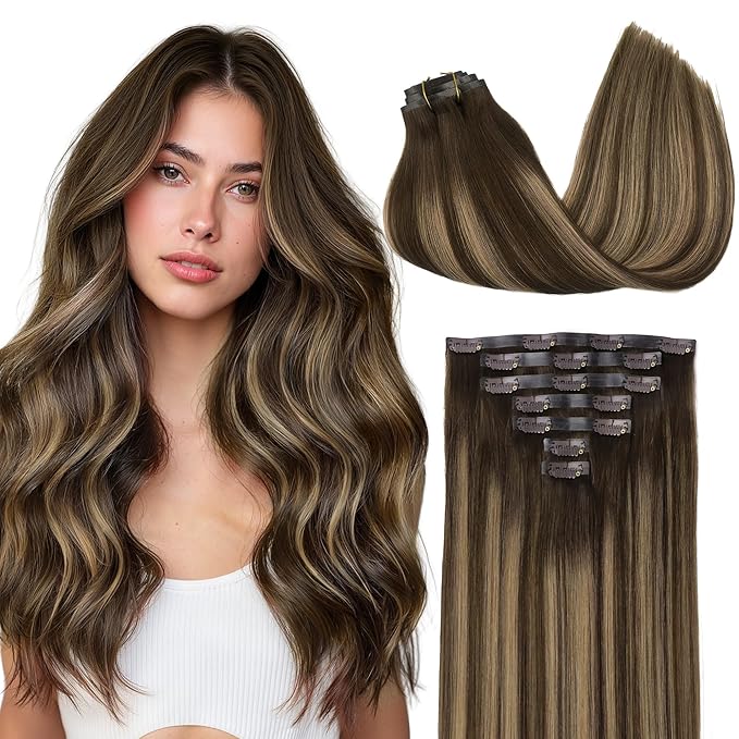 GOO GOO Clip in Hair Extensions Real Human Hair, Remy Human Hair Extensions Clip ins for Women, Natural Human Hair, 22 Inch 140g 7Pcs, 4/27/4 Balayage Chocolate Brown to Caramel Blonde