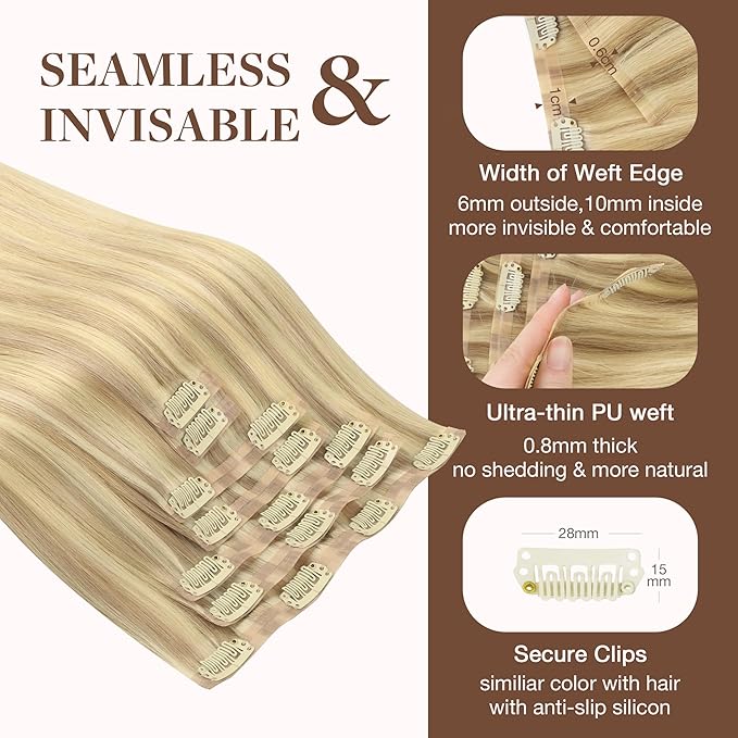 GOO GOO Clip in Hair Extensions Real Human Hair, Remy Human Hair Extensions Clip ins for Women, Natural Human Hair, 16inch 130g 7Pcs, 18D/22F Dirty Blonde Highlights