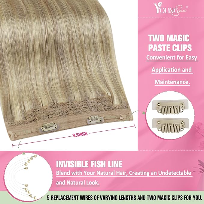YoungSee 120G Wire Hair Extensions Human Hair Blonde Highlight Human Hair Wire Extensions Blonde Headband Hair Extensions for Women Golden Blond Mix Light Blond 16Inch