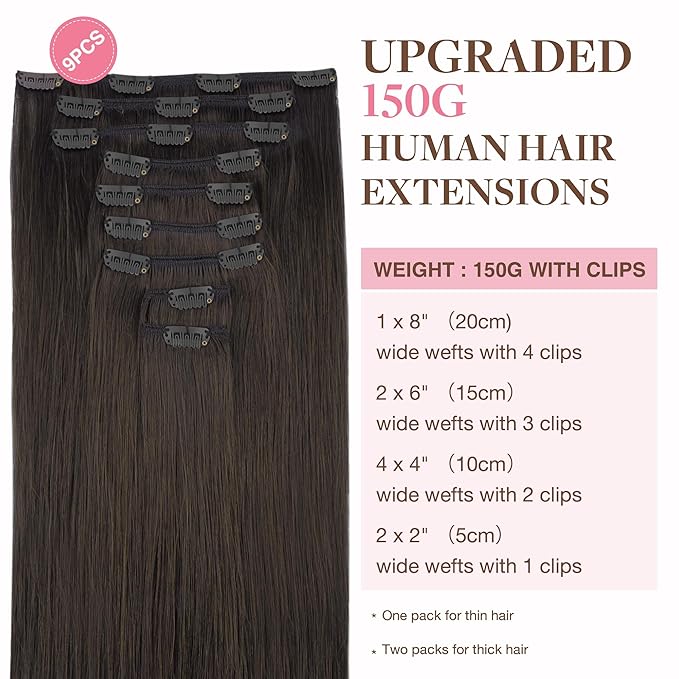 GOO GOO Clip in Hair Extensions Real Human Hair, Remy Human Hair Extensions Clip ins for Women, Natural Human Hair, 24inch 150g 9Pcs, #2 Dark Brown