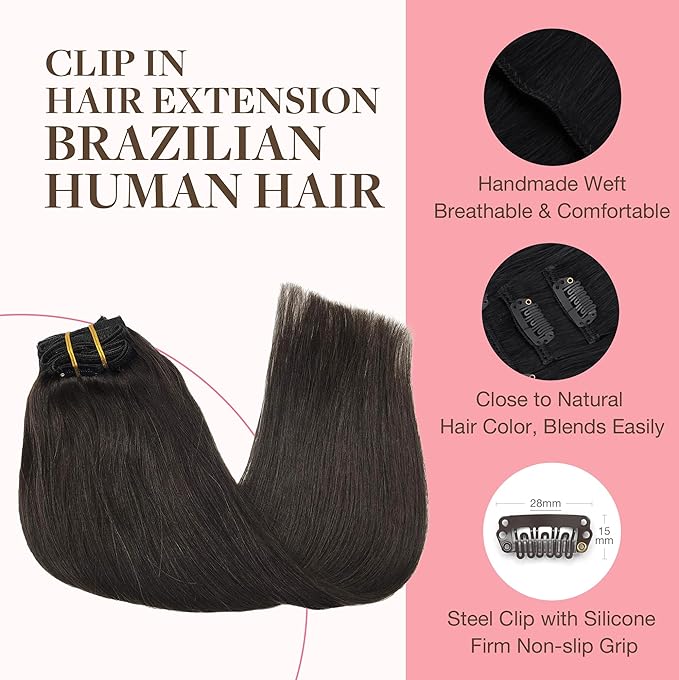GOO GOO Clip in Hair Extensions Real Human Hair, Remy Human Hair Extensions Clip ins for Women, Natural Human Hair, 12inch 85g 7Pcs, 2 Dark Brown