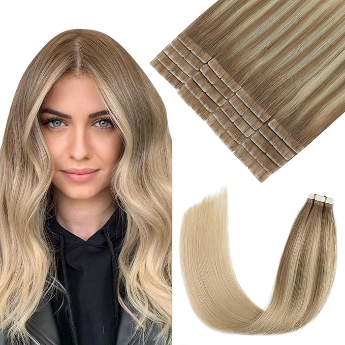 Pinkpearl Invisible Tape in Hair Extensions Human Hair, 20pcs 20inch 55g #8T60 Balayage Ash Brown to Platinum Blonde Injection Tape in Extensions Real Remy Seamless Human Hair Injected