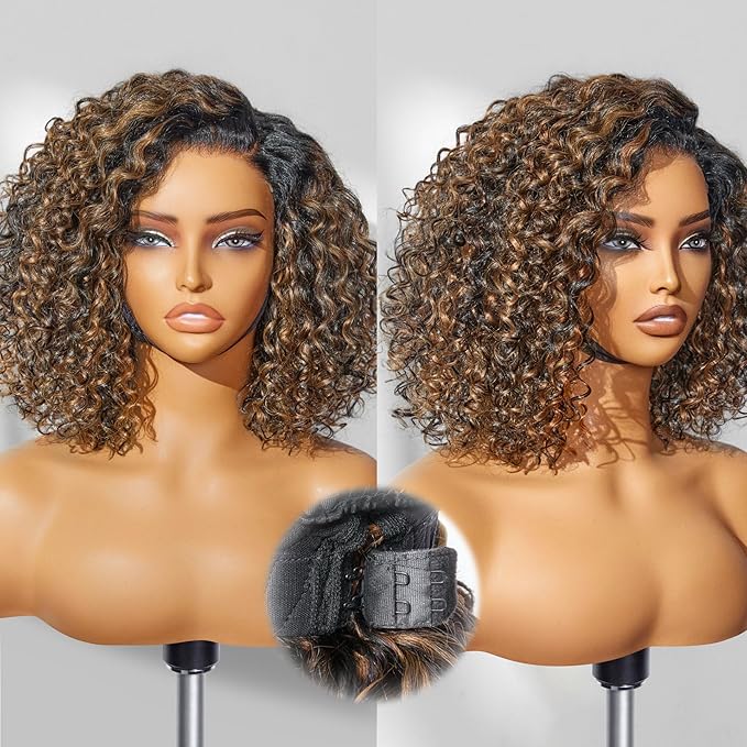 LUVME HAIR 100% Human Hair Wigs Curly Deep Wave Glueless Lace Front 16 Inches Pre Cut Plucked Hd Lace Short Wig Ready To Go Highlight Color Straight Bleached Knots Side Part Black Wigs