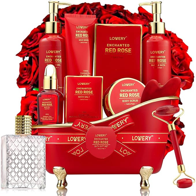 Christmas Gifts, Spa Gifts for Women, Bath and Body Gift Set, Red Rose Gift Basket Relaxation, Pampering, Thank You, Birthday Gifts for Mom Her with Perfume, Jade Roller, Quartz Gua Sha Stone & More