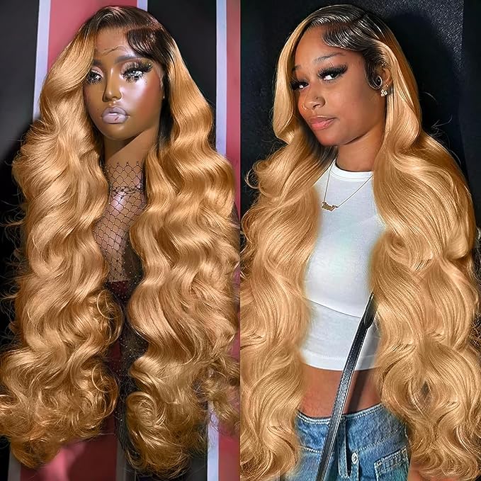 Honey Blonde Lace Front Wigs Human Hair 13x6 Ombre HD Transparent Lace Frontal Wig 12A Body Wave Ombre Blonde 1B/27 Lace Front Wigs Highlight Glueless Human Hair Wigs for Women Pre Plucked 26inch