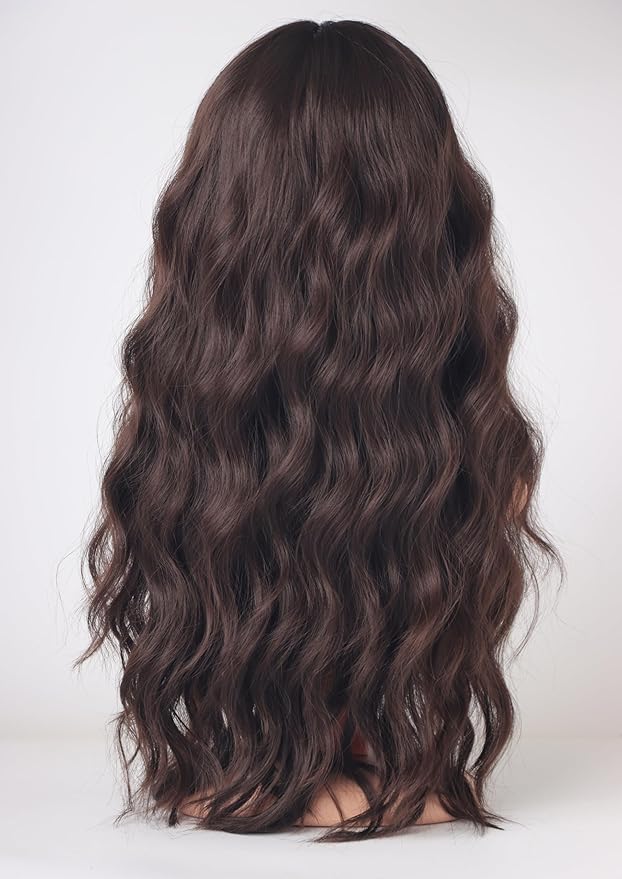 Medium Long Brown Wavy Wigs For Women Synthetic Full Hair Wigs With Bangs For Daily Use (brown)