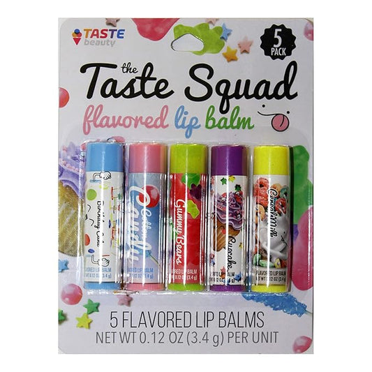Taste Beauty (1) Pack The Taste Squad Flavored Lip Balm Set - 5 Flavored Lip Balm Tubes per Pack - Birthday Cake, Cotton Candy, Gummy Bears, Cupcake, Cereal Milk - 0.12 oz Each
