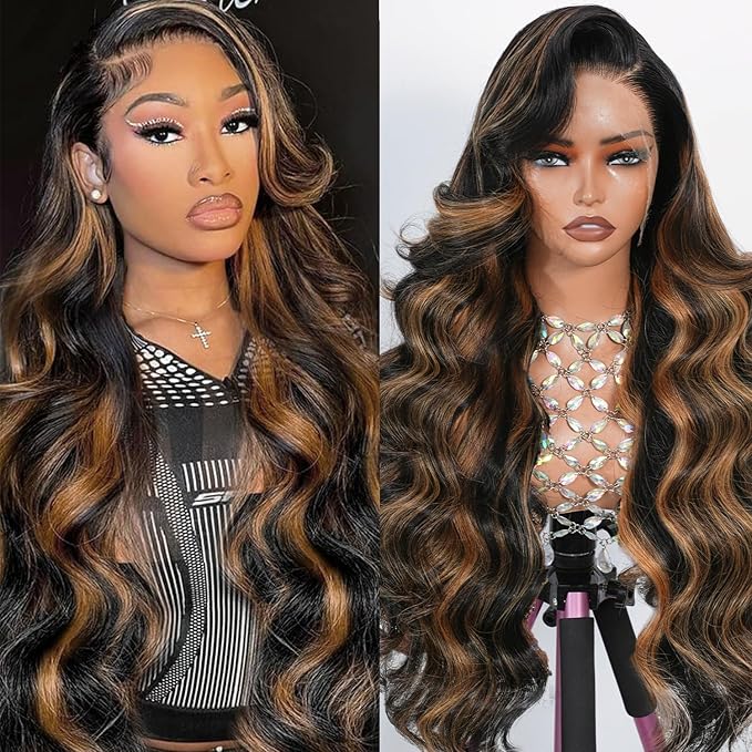 Body Wave Highlight Ombre Lace Front Wig Human Hair 13x4 Full Frontal Lace Wig Skinlike Swiss HD Lace 0.10mm Ultra-thin Invisible 200 Density 100% Real Human Hair Pre-plucked Tiny Knots Balayage Brown