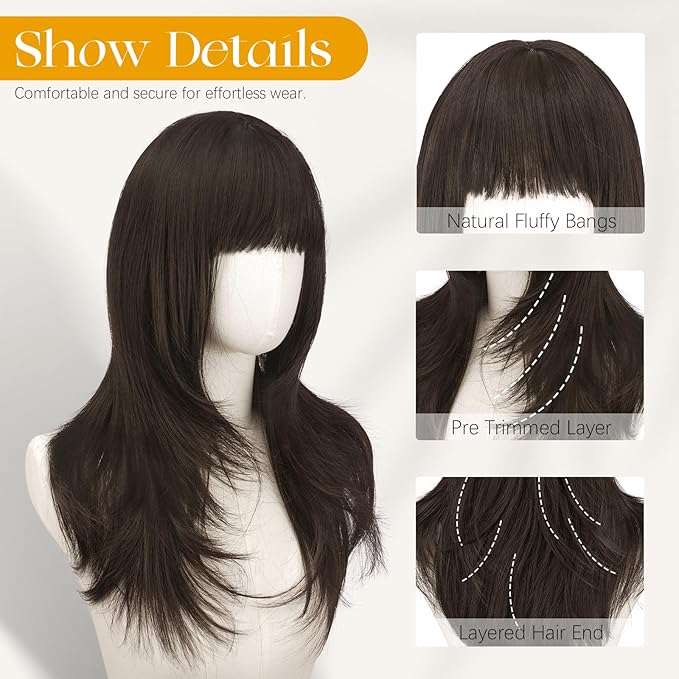 SOFEIYAN Long Straight Layered Wig with Bangs 24 Inch Synthetic Natural Hair Wig Soft Heat Resistant Long Wigs for Women Daily Party Use