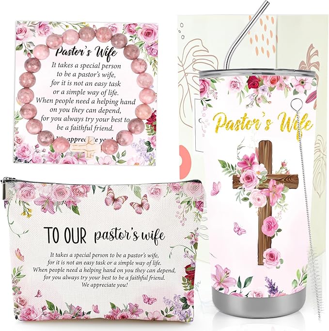 Keluna Pastors Wife Appreciation Gifts - Makeup Bag Tumbler Cup Stone Bracelet Christian Faith Religious Gifts Christmas Thank You Gift for Pastor Wife Women Birthday