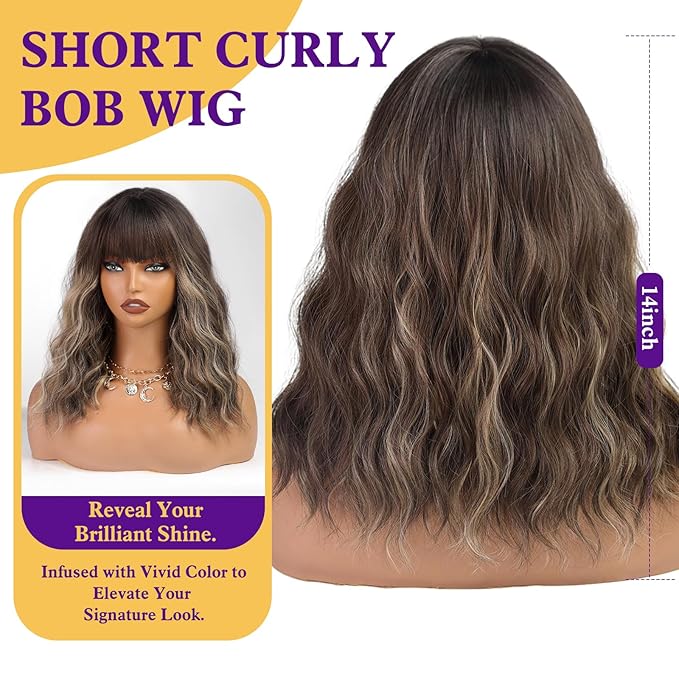 Brown Curly Bob Wig with Bangs Short Wavy Brown mix Blonde Highlight Wigs for Women Lob Haircut Synthetic Heat Resistant Bob Wigs 14IN…