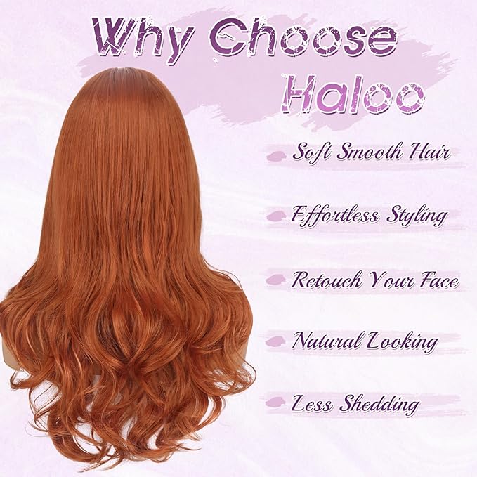 Haloo Auburn Wigs with Bangs Long Wavy Layered Haircut Natural Looking Fluffy Synthetic Heat Resistant Hair Wig for Women Daily Party, 24 Inch